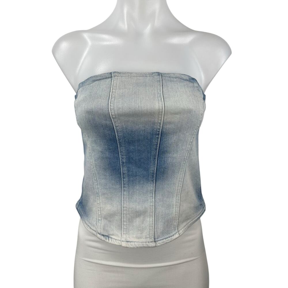 NEW Zara Blue Light Wash Strapless Tube Bandeau Zip Denim Jean Crop Top Size XS